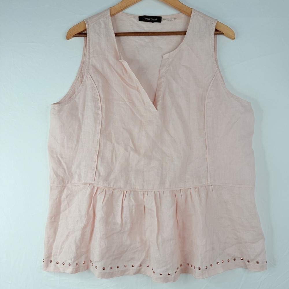Ivanka Trump 100% Linen Sleeveless V-neck Top Size-XL Light Pink Studded Hem